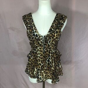 Express Leopard Print V-Neck Peplum Cami with Front Zip - Size Small Medium
